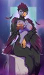2025 5_fingers anthro areola avian beak biped bird blue_eyes breasts claws countershade_torso countershading digital_media_(artwork) feathers female finger_claws fingers front_view grey_body grey_feathers hand_on_breast hand_on_own_breast hi_res looking_at_viewer nipples non-mammal_breasts nude nude_anthro nude_female open_beak open_mouth purplelemons scuted_arms scutes simple_background sitting smile solo tongue vulva