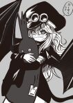  bandages crown demon_girl demon_tail eyed_silhouette goggles gunko hair_between_eyes hat highres hug imu_(one_piece) long_hair mask monochrome mouth_mask nobuchi0503 one_piece silhouette speech_bubble stuffed_toy tail translation_request 