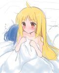  2girls after_sex ahoge bed bed_sheet bite_mark blonde_hair blue_hair blush bocchi_the_rock! closed_mouth collarbone commentary_request hair_down hickey highres holding holding_sheet ijichi_nijika long_hair multiple_girls nude orange_eyes short_hair sleeping sweatdrop under_covers v-shaped_eyebrows yakata_mana yamada_ryo yuri zzz 