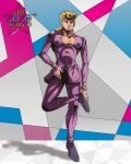  1boy anime_coloring araki_hirohiko_(style) blonde_hair blue_shoes braid cleavage_cutout clothing_cutout commentary earrings english_commentary full_body genda_art giorno_giovanna green_eyes hand_on_own_foot hand_on_own_hip heart_cutout high_collar highres jacket jewelry jojo_no_kimyou_na_bouken ladybug_ornament logo long_sleeves looking_at_viewer male_focus official_style pants parted_lips pectoral_cleavage pectorals pink_jacket pink_pants purple_shoes shoes single_braid solo standing standing_on_one_leg stud_earrings teeth vento_aureo wing_ornament 