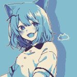  1girl :d animal_ears asleep_onthebed black_bow black_bowtie blue_eyes blue_hair blue_theme blunt_bangs blush bow bowtie cat_ears cat_girl dithering doodle_inset drop_shadow fang furry grin hair_between_eyes highres looking_at_viewer open_mouth original pixel_art sailor_collar sailor_shirt shirt short_hair smile solo upper_body white_shirt 