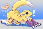 3_fingers all_fours anthro anthro_focus armwear bandai_namco black_claws black_sclera blue_eyes breasts butt butt_slap canid canine claws clothing digimon digimon_(species) digitigrade dipstick_ears dipstick_tail duo ear_markings female female_focus fingers fur fur_tuft hi_res human mammal markings mostly_nude multicolored_ears purple_armwear purple_clothing renamon saikyoryuuougi slap solo_focus spanking tail tail_markings tuft white_body white_breasts white_ears white_fingers white_fur white_tail yellow_body yellow_butt yellow_ears yellow_fur yellow_legs yellow_tail