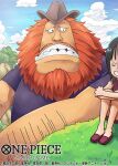  1boy 1girl beard black_hair cloud commentary_request copyright_name dress facial_hair giant hat jaguar_d._saul medium_hair nico_robin official_art one_piece one_piece_card_game orange_hair purple_dress purple_shoes round_teeth shinra0609 shirt shoes sitting t-shirt teeth 