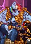  2019 anthro areola armor breasts clothed clothing digital_media_(artwork) empressbridle equine feathered_wings feathers female friendship_is_magic hair judge_dredd looking_at_viewer mammal motorcycle my_little_pony nipples pauldron pegasus pussy rainbow_dash_(mlp) shoulderpads solo torn_clothing vehicle wings 