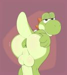 anthro anus backsack balls bedroom_eyes bent_over big_balls big_butt butt cheexy genitals green_anus green_body green_yoshi hand_on_butt hi_res looking_at_viewer looking_back male mario_bros narrowed_eyes nintendo penis raised_tail seductive simple_background smile solo tail yoshi