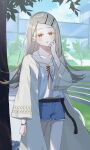  1girl absurdres blonde_hair blush camisole collarbone colored_eyelashes commentary_request denim denim_shorts earrings flipped_hair gakuen_idolmaster gradient_hair grey_hair highres idolmaster jewelry long_hair looking_at_viewer midriff_peek multicolored_hair orange_eyes outdoors re1_jasmine robe rope_belt shinosawa_hiro short_shorts shorts smile solo stud_earrings thighs tree white_camisole white_robe 