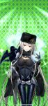  1girl absurdres albino argyle_background armor belt black_bodysuit black_dress black_gloves bodysuit braid breasts cape chain-link_fence checkered_background cleavage cleavage_cutout closed_mouth clothing_cutout corset cowboy_shot cross dress fence fur_trim giuniu gloves glowing green_background hat highres honeycomb_(pattern) honeycomb_background large_breasts long_hair long_sleeves looking_at_viewer morigan_raven pants pantyhose red_eyes shiny_clothes sidelocks single_braid skin_tight smile solo standing thigh_gap turtleneck twin_braids uchi_no_hime-sama_ga_ichiban_kawaii very_long_hair weapon white_hair 