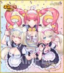  3girls :3 :d ahoge aiobahn animal_ear_fluff animal_ears apron artist_name bare_arms black_skirt blonde_hair blue_bow blue_bowtie blue_eyes blue_hair blue_hairband blue_nails blunt_bangs border bow bowtie breasts chain character_name claw_pose cleavage cleavage_cutout clothing_cutout commentary copyright_name dog_ears dog_girl dog_tail english_commentary flower flower_on_head frilled_apron frilled_skirt frills fuwawa_abyssgard grin hairband half_updo hands_up hololive hololive_english horn_hairband large_breasts light_blush long_hair looking_at_viewer maid maid_headdress mococo_abyssgard multicolored_hair multiple_girls nail_polish name_tag nekopara official_art ojou-sama_(aiobahn) open_mouth outline pink_bow pink_bowtie pink_eyes pink_hair pink_hairband pink_nails puffy_short_sleeves puffy_sleeves red_eyes ribbon_trim sample_watermark sayori_(neko_works) second-party_source shikishi short_hair short_sleeves signature skirt small_breasts smile streaked_hair tail twintails two-tone_hair two_side_up virtual_youtuber waist_apron watermark white_outline wrist_cuffs yellow_border yellow_bow yellow_bowtie 