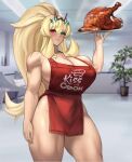  1girl absurdres apron bare_shoulders barghest_(fate) blonde_hair breasts cleavage english_commentary fate/grand_order fate_(series) food green_eyes heterochromia highres horns huge_breasts long_hair muscular muscular_female naked_apron ponytail raskasar red_apron red_eyes revision solo thick_thighs thighs tray turkey_(food) 