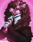 anthro beverage blue_eyes brown_body brown_fur brown_hair bubble_tea cardigan clothed clothing drinking ear_piercing eyewear fangs felid feline female fur glasses gradient_background hair hi_res looking_at_viewer mammal mane mane_hair nails neck_tuft open_mouth piercing pink_nose pink_tongue portrait road~abelgeym simple_background smile solo solo_focus teeth tongue tuft white_body white_fur