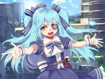  1girl :d blue_bow blue_hair blue_ribbon blue_sky blush bow building city cloud collarbone crying crying_with_eyes_open day dress evening eyepatch gradient_sky hair_between_eyes hair_ribbon hat heart highres ladder last_origin lens_flare long_hair looking_at_viewer lrl_(last_origin) mountainous_horizon outdoors pixiv_id plant print_eyepatch puffy_short_sleeves puffy_sleeves railing reaching reaching_towards_viewer ribbon sailor_dress short_sleeves signature sky skyscraper smile solo striped_bow striped_clothes striped_ribbon striped_wrist_cuffs sun sunset tears teeth tongue twitter_username two_side_up umigarasu_(kitsune1963) upper_teeth_only waist_bow white_bow white_ribbon white_wrist_cuffs wrist_cuffs yellow_eyes 