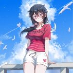  1girl alternate_costume arms_at_sides bambietta_basterbine bespectacled bird black_hair bleach bleach:_sennen_kessen-hen blue_sky breasts casual closed_mouth clothes_writing cloud commentary cowboy_shot cumulonimbus_cloud day deadman70232800 english_text eyelashes falling_feathers feathers floating_hair glasses hair_between_eyes heart heart_print highres long_hair looking_at_viewer low_ponytail medium_breasts midriff_peek navel no_headwear outdoors pink-framed_eyewear pink_shirt ponytail print_shorts purple_eyes rectangular_eyewear shirt short_sleeves shorts sky smile solo t-shirt white_bird white_shorts wind 