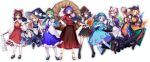  6+girls apron aqua_boots aqua_hair aqua_jacket aqua_skirt ascot bag black_hair black_hat black_ribbon black_shoes black_skirt black_socks black_vest black_wings blonde_hair blue_eyes blue_shoes blue_skirt boots bow braid brown_eyes brown_hair closed_mouth collared_shirt detached_sleeves dress drum footwear_bow frilled_shirt_collar frills frog_hair_ornament full_body gloves gohei green_hat green_skirt hair_between_eyes hair_bow hair_ornament hakurei_reimu hand_fan hand_on_own_hip hat hat_bow hat_ribbon hauchiwa highres holding holding_fan holding_gohei instrument jacket kawashiro_nitori kirisame_marisa kneehighs kochiya_sanae layered_sleeves leaf_hair_ornament long_hair long_sleeves looking_at_viewer mary_janes matara_okina mob_cap multiple_girls neck_ribbon onbashira orange_sleeves orange_tabard paw_print_soles puffy_short_sleeves puffy_sleeves purple_eyes purple_tabard red_bow red_hat red_ribbon red_shirt red_skirt ribbon rope sandals shameimaru_aya shimenawa shirt shoes short_hair short_over_long_sleeves short_sleeves shoulder_bag side_braid single_braid skirt sleeveless sleeveless_shirt smile socks standing tabard tokin_hat touhou trigram very_long_hair vest waist_apron white_apron white_bow white_dress white_gloves white_hat white_shirt white_sleeves white_socks wide_sleeves wings witch_hat yakumo_yukari yasaka_kanako yellow_ascot yellow_eyes yinco 