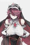  1girl armpit_crease bags_under_eyes bare_shoulders belt breasts covered_nipples cupping_hands dress elbow_gloves fishnet_pantyhose fishnets genshin_impact gloves hair_over_one_eye highres jewelry large_breasts leaning_forward looking_at_viewer mintxriddle multicolored_hair nun own_hands_together pantyhose patreon_username purple_eyes purple_hair red_belt red_hair ring rosaria_(genshin_impact) see-through_clothes shade short_hair simple_background solo streaked_hair white_background white_gloves 