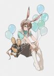  1girl alternate_costume amiya_(arknights) animal_ears aqua_shirt arknights balloon blue_eyes boots brown_hair brown_skirt closed_mouth daniel_deng full_body highres long_hair looking_at_viewer rabbit_ears rabbit_girl shirt simple_background skirt smile solo white_background white_boots 