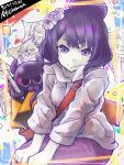  1girl absurdres artist_name artoria_pendragon_(fate) closed_mouth commentary_request dated fate/grand_order fate_(series) flower gekidan_kabrock gray_(fate) hair_bun hair_flower hair_ornament highres jacket katsushika_hokusai_(fate) katsushika_hokusai_(traveling_outfit)_(fate) looking_at_viewer mysterious_heroine_x_alter_(fate) octopus pants purple_eyes purple_hair purple_pants saber_(fate) single_hair_bun smile tokitarou_(fate) white_jacket yu_mei-ren_(fate) yu_mei-ren_(first_ascension)_(fate) 