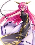  1girl black_tabard breasts chain cuffs dress dress_flower flower highres horns ibaraki_douji_(touhou) long_hair looking_at_viewer meso_(zgmf-xv) oni pink_eyes pink_hair shackles sleeveless sleeveless_dress smile solo tabard touhou very_long_hair white_dress 