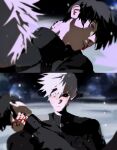  2boys alien_stage black_hair black_nails black_sclera black_shirt blood blood_from_eyes blood_on_hands colored_sclera commentary crying death empty_eyes english_commentary grey_eyes highres ivan_(alien_stage) multiple_boys nosebleed red_eyes shirt till_(alien_stage) tokyo_ghoul uchiha_i_arts 