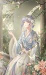  1girl arch artist_request blue_sleeves bug bush butterfly chinese_clothes cobblestone earrings expressionless feet_out_of_frame flower game_cg garden grey_hair hair_bun hair_flower hair_ornament half-closed_eyes hanfu highres holding_kite jewelry kite light_particles lipstick long_sleeves looking_at_object makeup nikki_(series) official_art outdoors parted_lips pillar pink_flower pink_lips plant shining_nikki short_hair single_side_bun single_sidelock sitting solo sunny_kite_(shining_nikki) upturned_eyes vines white_flower white_hanfu wide_sleeves window yellow_eyes yexiao_(shining_nikki) 