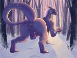 anthro anus backsack balls beard big_anus big_butt butt deeroni dragon facial_hair fur genitals hair hi_res horn looking_at_viewer looking_back looking_back_at_viewer male mythological_creature mythological_scalie mythology nature perineum plant prehensile_tail presenting presenting_hindquarters purple_balls purple_body purple_horn purple_scales quadruped scales scalie seductive snow snowing solo sunset tail thick_tail tree white_body white_fur white_hair wingless_dragon winter