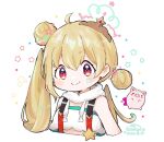  1girl 1st-mn ahoge blonde_hair chibi crop_top crown detached_hair detached_hood double_bun facial_mark hair_between_eyes hair_bun highres long_hair mini_crown red_eyes reject_(esports) star-shaped_pupils star_(symbol) stuffed_animal stuffed_toy suspenders symbol-shaped_pupils tooko_(vtuber) twintails upper_body v-shaped_eyebrows virtual_youtuber white_background 