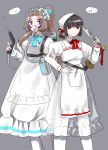  2girls absurdres all-around_helper alternate_costume alternate_hairstyle apron bandana black_hair blue_bow blue_bowtie blue_eyes bow bowtie breasts brown_hair collared_shirt dress grey_background highres holding holding_knife juliet_sleeves knife large_breasts limbus_company long_hair long_sleeves looking_at_viewer maid_headdress mask multiple_girls open_mouth pantyhose parted_bangs ponytail project_moon puffy_sleeves red_bow red_bowtie red_eyes respirator rodion_(project_moon) ryoshu_(project_moon) see-through_clothes see-through_skirt shirt short_hair simple_background skirt standing upper_body white_apron white_bandana white_dress white_pantyhose yue_doux 