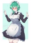  1girl absurdres alternate_breast_size alternate_costume apron asymmetrical_hair black_dress blue_background blush breasts closed_mouth commentary_request cowboy_shot dated dress enmaided frilled_dress frills green_eyes green_hair hashiro_fumi highres juliet_sleeves large_breasts long_sleeves looking_down maid maid_headdress medium_hair puffy_sleeves shiki_eiki solo touhou two-tone_background white_apron white_background 