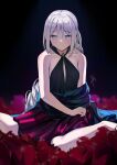  1girl an-94_(girls&#039;_frontline) an-94_(silent_rouge)_(girls&#039;_frontline) aqua_eyes b:ga bad_id bad_pixiv_id black_background black_dress blonde_hair collarbone dress evening_gown girls&#039;_frontline highres official_alternate_costume sad signature sitting solo 
