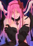  1girl absurdres akemi_homura akuma_homura akuma_homura_(cosplay) alien_stage black_dress black_feathers black_gloves black_wings blue_hair bow commentary cosplay dress elbow_gloves english_commentary feathered_wings feathers gloves gradient_hair hairband highres long_hair mahou_shoujo_madoka_magica mahou_shoujo_madoka_magica:_hangyaku_no_monogatari mizi_(alien_stage) multicolored_hair nikepurin pink_hair red_bow red_hairband self_hug smile solo space star_(sky) strapless strapless_dress tears two-tone_hair very_long_hair wings yellow_eyes 