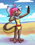 amphibian anthro beach_background bell bell_collar belt blue_eyes brown_body brown_fur character_transformation collar female fur gender_transformation mona_lisa_(disambiguation) mtf_transformation nonbinary_(lore) salamander tail tail_wraps taking_picture taking_selfie teenage_mutant_ninja_turtles transformation trevor-fox trevor-fox_(character) wraps