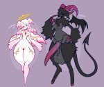2024 3_claws 4_fingers 4_horns andromorph angel anthro areola artist_name azrael_(dozighost) ball_tuft balls belly big_balls big_penis biped black_areola black_body black_fur black_nipples black_sclera black_tail black_wings bovid breasts butt caprine claws colored curvy_figure demon digital_drawing_(artwork) digital_media_(artwork) dozighost duo ear_piercing english_text erection female female_(lore) female_symbol fingers fur gender_symbol genitals grey_background grey_body gynomorph hair halo hi_res hooves horn huge_balls huge_penis humanoid intersex long_penis long_tail male_(lore) male_symbol mammal mara_(dozighost) markings membrane_(anatomy) membranous_wings multi_horn mythological_creature mythology nipples nude open_mouth penis piercing pink_eyes pink_horn pink_sclera purple_hooves saggy_balls shaded sheep signature simple_background slightly_chubby slightly_chubby_anthro slightly_chubby_gynomorph slightly_chubby_intersex smile spade_tail standing symbol tail tapering_penis text thick_thighs tuft voluptuous voluptuous_anthro voluptuous_gynomorph voluptuous_intersex vulva watermark white_body white_vulva wide_hips wings yellow_markings