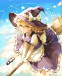  1girl absurdres apron artist_name black_hat black_shoes black_skirt blonde_hair bow braid broom broom_riding buttons cloud day double-breasted flying frilled_skirt frills hat hat_bow hat_ribbon highres kirisame_marisa leeian mary_janes puffy_short_sleeves puffy_sleeves ribbon shoes short_sleeves side_braid skirt sky socks solo touhou white_apron white_socks witch witch_hat 