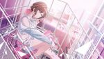 1girl belt building choker highres higuchi_madoka idolmaster idolmaster_shiny_colors open_mouth pink_nails see-through_clothes shorts sitting stairs 