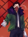  1boy back_hair black_hair black_shirt boku_no_hero_academia collared_shirt english_text eyelashes gloves highres looking_at_viewer male_focus mask mouth_mask necktie offering_hand overhaul_(boku_no_hero_academia) shirt solo speech_bubble white_gloves white_necktie windylie 
