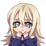  1girl black_choker blonde_hair blush choker crying facepaint hair_between_eyes henna_(hentaiukr) hentaiukr korzynka_persykiv long_hair non-web_source off_shoulder own_hands_clasped own_hands_together purple_sweater sad solo sticker sweater transparent_background ukrainian_flag 