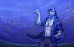  2018 anthro byowt canid canine canis clothing digital_media_(artwork) dog fur hair hi_res husky male mammal night open_hoodie outside pants sky star 
