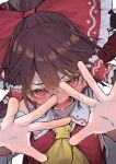  1girl @_@ absurdres ascot blush bow brown_hair commentary frilled_bow frilled_hair_tubes frills hair_bow hair_tubes hakurei_reimu highres kararage_tsune looking_at_viewer open_mouth red_eyes solo teeth touhou yellow_ascot 