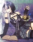  021_shiro 1girl arm_strap arm_support belt black_belt black_choker black_dress black_hair black_thighhighs book breasts chest_belt choker cleavage dress fang grey_hair hair_ornament hand_up hashtag-only_commentary highres hololive hololive_english large_breasts long_hair looking_at_viewer multicolored_hair novelites_(shiori_novella) open_book open_mouth shiori_novella shiori_novella_(1st_costume) sitting skin_fang sleeveless sleeveless_dress smile split-color_hair striped_arm_warmers striped_clothes striped_thighhighs thighhighs twitter_username two-tone_hair virtual_youtuber waving yellow_eyes yokozuwari 