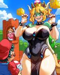 4:5 ?_block absurd_res anthro anthro_focus armband bare_shoulders big_breasts black_clothing black_dress black_fingernails black_nails blonde_hair blue_eyes blush bowsette_meme bracelet breasts cleavage clothed clothing collar colored_nails cosplay crown day dress ears_up female female_focus fingernails fungus green_body green_hair grin group hair hat headgear headwear hi_res horn human ippan_josei izuku_midoriya jewelry larger_anthro larger_female male mammal mario mario_bros meme mushroom my_hero_academia nails nintendo ochaco_uraraka outside princess_peach quirked_human_(my_hero_academia) red_clothing red_hat red_headwear sharp_fingernails sharp_nails sharp_teeth shell size_difference sky smaller_human smile spiked_armband spiked_bracelet spiked_collar spikes super_crown tail teeth thick_thighs trio vlizz wide_hips