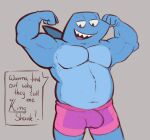 absurd_res anthro belly bulge catsnotart clothed clothing dc_comics english_text fish flexing hi_res king_shark male marine musclegut muscular muscular_male overweight presenting shark showing_chest slightly_chubby slightly_chubby_anthro slightly_chubby_male solo speech_bubble text underwear underwear_only