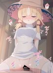  1boy 1girl absurdres arms_behind_back bar_censor blonde_hair blush brown_hat censored closed_eyes commentary_request cowgirl_position darumoon dress hat hetero highres indoors large_hat moriya_suwako mosaic_censoring motion_lines open_mouth panties panties_around_one_leg penis pussy sex short_hair short_sleeves solo_focus speech_bubble straddling thighhighs touhou translation_request underwear unworn_panties vaginal white_dress white_thighhighs 