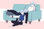  3boys barefoot blue_eyes blue_hair closed_mouth controller couch deletebreath dress_shirt food headpat holding holding_remote_control jacket khun_aguero_agnis khun_hachuling khun_ran lap_pillow long_sleeves male_focus multiple_boys on_couch pink_background ponytail popsicle remote_control shirt short_hair simple_background smile tower_of_god twitter_username white_shirt 