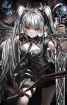  1girl absurdres black_dress blood blood_on_weapon blunt_bangs breasts brooch cleavage_cutout clothing_cutout commentary_request covered_navel cross-shaped_pupils dress gawako grey_hair half-closed_eye highres holding holding_sword holding_weapon horns jewelry knife long_hair looking_at_viewer necktie original pointy_ears red_brooch red_hair short_sleeves sidelocks solo sword symbol-shaped_pupils thigh_strap twintails valentina_(gawako) weapon 