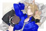  1boy animal_ears arknights arm_up blonde_hair blue_shirt brown_background character_request choshanland_plushy_(arknights) collared_shirt commentary grid_background hair_over_one_eye highres horse_ears male_focus mlynar_(arknights) necktie shirt simple_background symbol-only_commentary white_background white_necktie yakota_(usuk-yako) zzz 