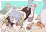  1girl all_fours animal_ear_fluff animal_ears aqua_eyes backless_leotard black_gloves black_leotard book crop_top cropped_jacket facial_mark feather_necklace foreshortening gloves grey_hair grey_thighhighs hexagram highres hood hooded_jacket jacket jewelry kokuya_(kokuya28) leotard magic_circle multicolored_hair necklace on_floor original pile_of_books scarf scroll short_sleeves soles solo star_(symbol) stirrup_legwear tail tail_through_clothes thick_eyebrows thighhighs toeless_legwear toes tribal tribal_print whisker_markings white_hair wolf_ears wolf_girl wolf_tail 