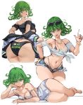  1girl ass bikini bikini_under_clothes black_jacket black_panties black_shirt bracelet breasts collarbone cowboy_shot crop_top curly_hair curvy cutoffs denim denim_shorts dress eyewear_on_head green_eyes green_hair hand_on_own_hip highres index_finger_raised jacket jewelry looking_at_viewer lying micro_shorts midriff navel on_side one-punch_man open_clothes open_jacket open_mouth panties rakeemspoon shirt short_dress short_hair shorts simple_background solo sunglasses swimsuit tatsumaki tied_shirt underwear white_background white_dress white_shirt 