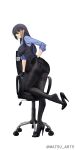  absurdres alina_svard_kovalenko_(laotianaviator) black_pantyhose black_skirt black_vest blue_eyes blue_shirt chair commission hand_on_own_ass heel_pop high_heels highres looking_at_viewer matsu_arts miniskirt multicolored_hair office_chair office_lady on_chair original pantyhose pencil_skirt pinstripe_pattern pinstripe_vest purple_hair shirt simple_background skirt smile soles streaked_hair swivel_chair vest white_background 