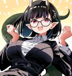  1girl biscione_(fate) biscione_(first_ascension)_(fate) black_hair black_suit bob_cut breasts dragon_horns dragon_tail fate/grand_order fate_(series) fist_pump glasses horns large_breasts pointy_ears red_eyes suit tail tsukumo_(soar99) 