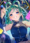  1girl aqua_hair aqua_nails bare_shoulders blue_eyes blush braid breasts crop_top earrings hand_on_own_hip hatsune_miku heart heart_earrings highres holding holding_pencil jewelry kyashii_(a3yu9mi) long_hair magical_mirai_miku magical_mirai_miku_(2025) medium_breasts official_alternate_costume official_alternate_hairstyle parted_lips pencil smile solo star_(symbol) star_earrings twin_braids twintails very_long_hair vocaloid 