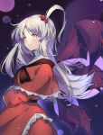  1girl absurdres capelet closed_mouth commentary dress grey_eyes grey_hair hair_bobbles hair_ornament highres kitahara_(pixiv_19528441) long_hair looking_at_viewer multiple_wings one_side_up purple_wings red_capelet red_dress shinki_(touhou) smile solo touhou touhou_(pc-98) very_long_hair wings 